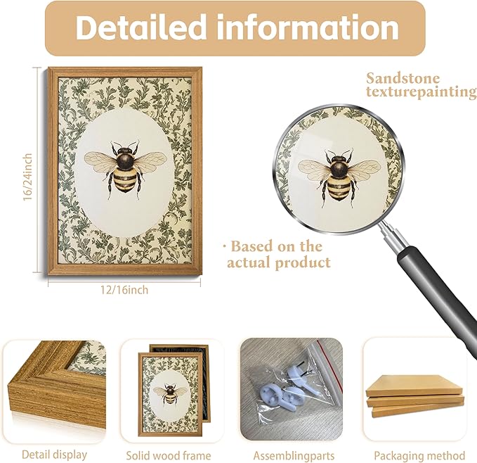 3D Textured Vintage Bee Framed Wall Art, Cottagecore Insect Animal Wall Decor Painting, Rustic Farmhouse Sandstone Botanical Artwork Pictures for Living Room Bedroom 12x16 Inch
