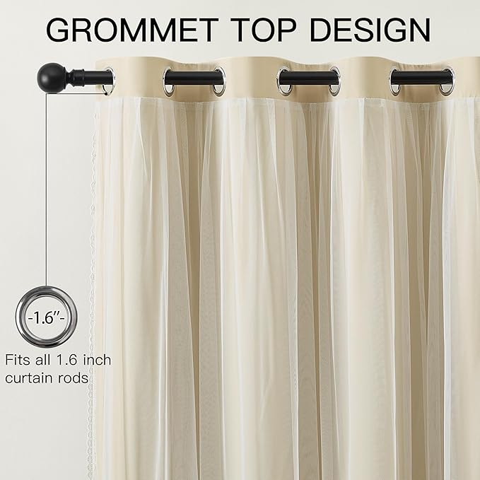 XiDi Beige Double Layer Curtains with Sheer Overlay for Girls Bedroom Living Room 2 Panels Beige Blackout Curtains 96 Inches Long for Kid Nursery Room Decor Thermal Insulated Grommet Drapes W34 x L96
