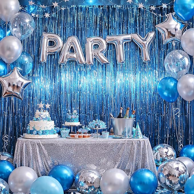3.3 x 6.6 ft Foil Fringe Backdrop Curtains, Tinsel Streamers Party Decorations, Fringe Backdrop for Birthday, Baby Shower, Gender Reveal, Graduation (6, Retro Blue)