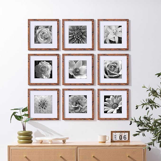 eletecpro 12x12 Picture Frames Set of 9 with Mat for 8x8 Photos or without Mat for 12x12, Square Gallery Wall Decor Collage for Picture Display, Rustic Brown Frame Set for Wall Hanging