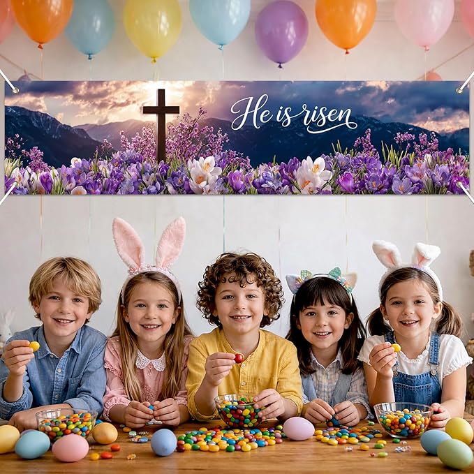 He Is Risen Easter Banner Christian Resurrection Spring Decor 78 x 17 Inch Religious Cross Flower Scene Banner for Church Yard Fence Door Wall Indoor Outdoor Easter Display