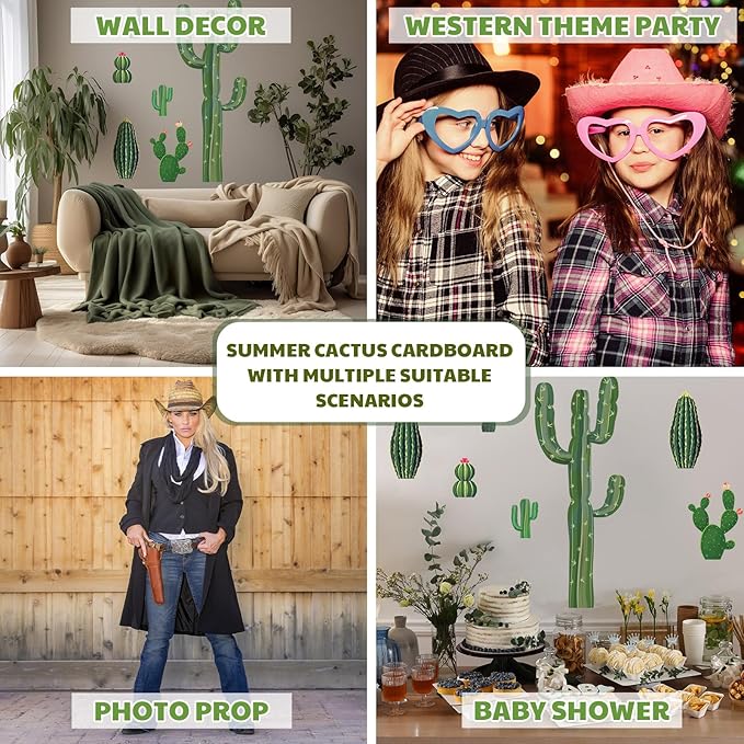Geyoga 6 Set Cactus Cutouts Jointed Cardboard Cactus Cutouts Summer Green Plant Wall Decor Cinco De Mayo Fiesta Party Supplies for Photo Prop Wild Western Decoration