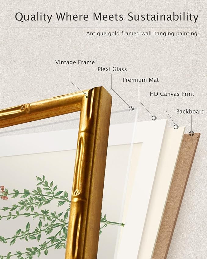 InSimSea Gold Bamboo Framed Canvas Wall Art, Retro Herbs Rosemary Botanical Paintings, Antique Vintage Picture Frame with Mat, Victorian Home Wall Decor for Living Room Kitchen Dining, 11x14inch