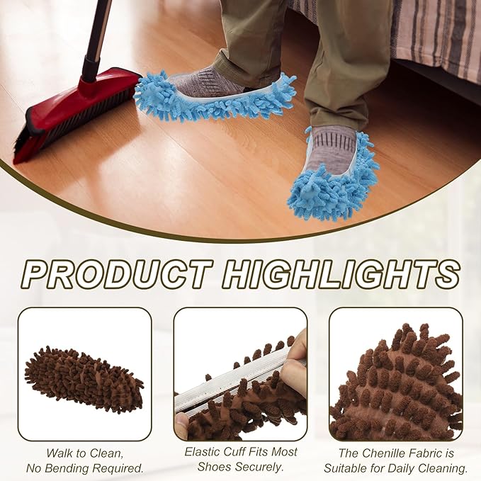 uxcell 4 Pcs Mop Slippers, Mop Socks Microfiber Shoe Covers Washable Mopping Slippers for Floor Cleaning Office Home Use Women Men, White Trim, Coffee