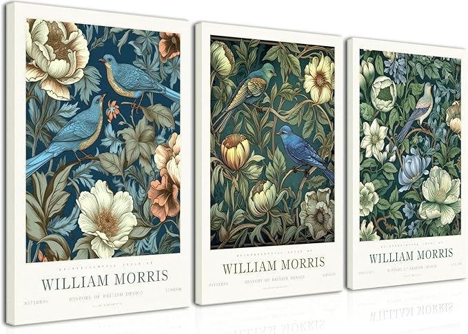 Djmwtb William Morris Canvas Wall Art Vintage Poster Prints Framed Set of 3 Botanical Bird Aesthetic Pictures Gallery Artwork Painting Wall Decor for Living Room Bedroom Office 12x16in