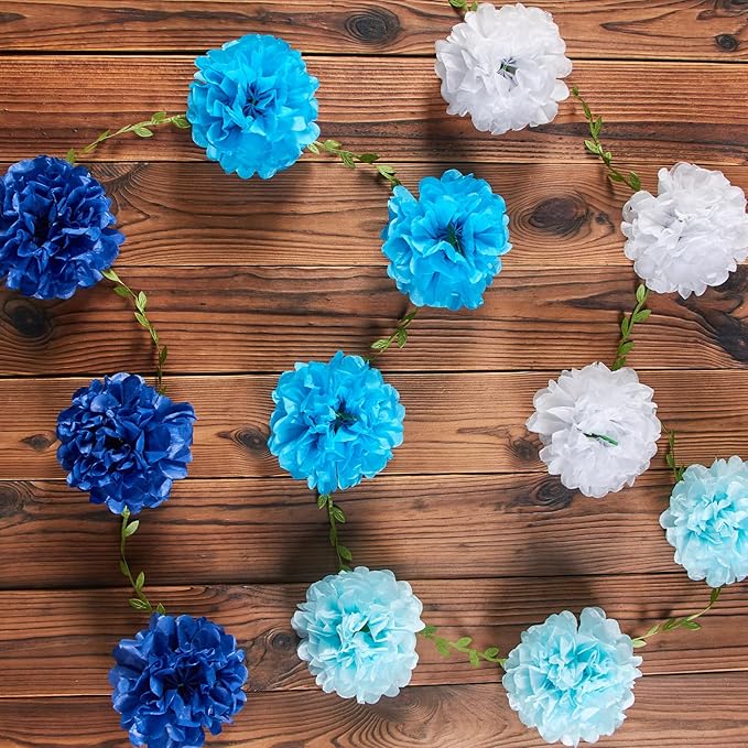 Gradient Blue Tissue Paper Pom Pom Garlands, Paper Flowers for Birthday Decorations, Baby Shower, Wedding Engagement, Bridal Shower, Spring Summer Party Decorations