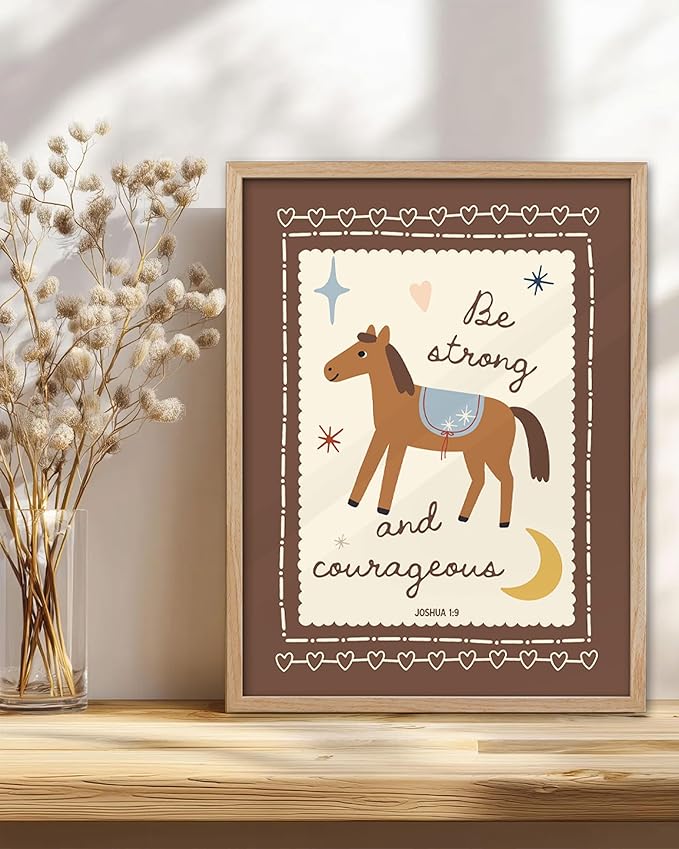 KensTro Christian Nursery Decor Framed Wall Art, 12x16 in Boho Christian Bible Verse Quote Canvas Wall Art,Be Strong and Courageous Horse Art Print Children Playroom Bedroom Decor Set of 1