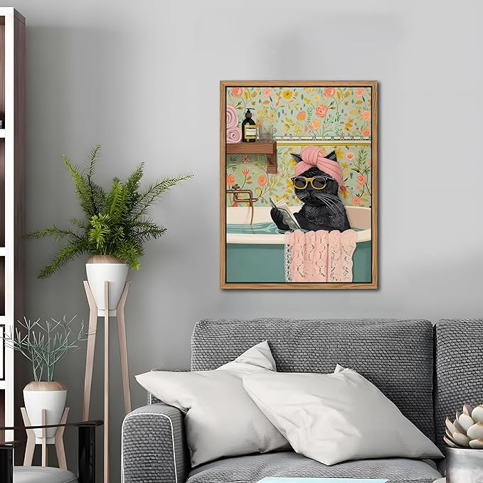 Floating Framed Bathroom Cat Canvas Wall Art, Funny Black Cat Reading Wall Decor, Cute Animal Prints Pictures Posters for Living Room Bedroom Toilet Kids Room Paintings 16x24 inch