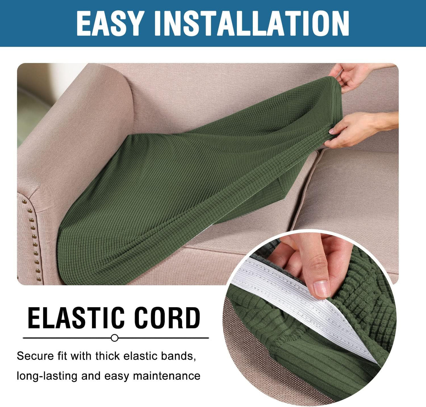 H.VERSAILTEX Super Stretch Individual Seat Cushion Covers - Sofa & Couch Cushion Slipcover Sets - Thick Jacquard Textured Twill Fabric (3 Piece XL Sofa Cushion Covers, Bronze Green)
