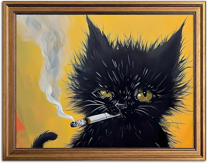 Aroutde Framed Funny Black Cat Wall Art, Cat Smoking a Cigarette Painting Vintage Gold Framed Wall Decor, Black Kitten Humor Animal Restroom Home Decoration (16L''x12W'')