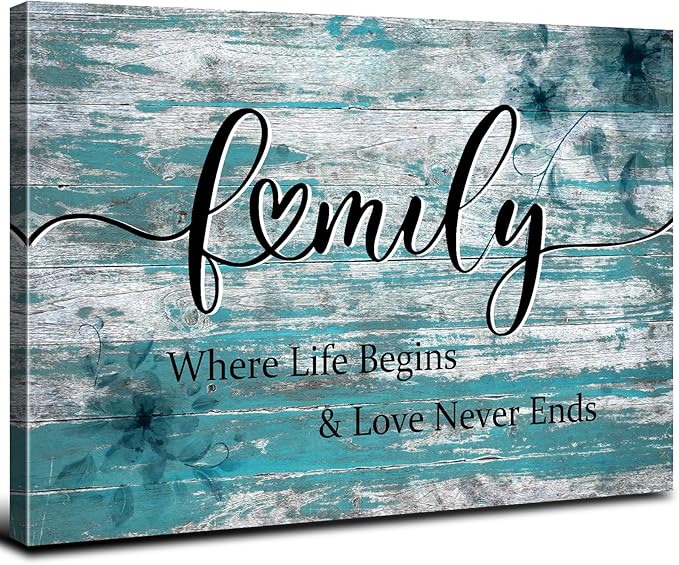 Large Family Wall Art Turquoise Wall Decor for Kitchen Inspirational Saying Canvas Prints Where Life Begins Love Never Ends Signs Picture Vintage Farmhouse Painting Artwork Home Decoration 32x48"