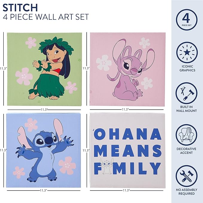 Disney Lilo & Stitch and Angel Canvas Wall Art – 4-Piece Set for Kids’ Room Décor, Each Print 12"x12", Colorful and Fun Artwork for Bedroom, Nursery, or Playroom