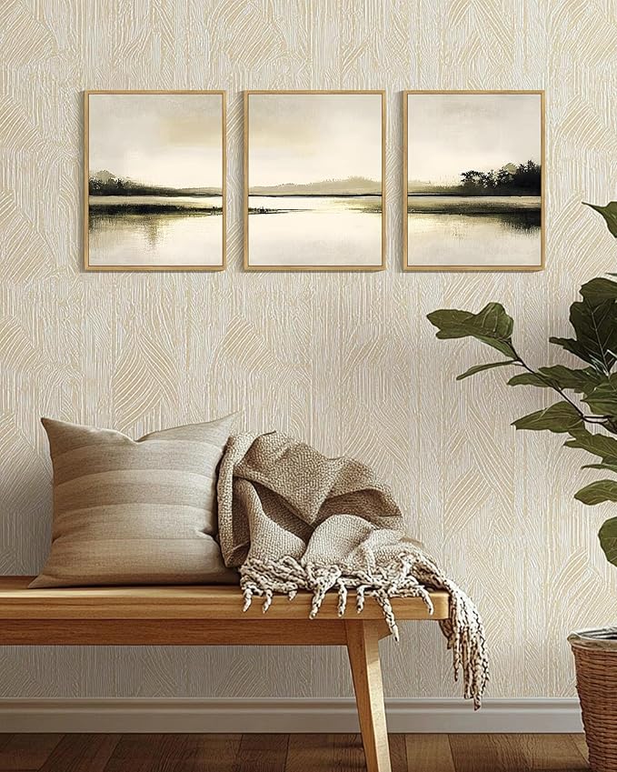 Drsoum Vintage Black Gray Abstract Laker Landscape Wall Art Framed Brown Tan Neutral Prints Minimalist Modern Rustic Artwork Bedroom Living Room Ready to Hang 11x14in Natural Framed