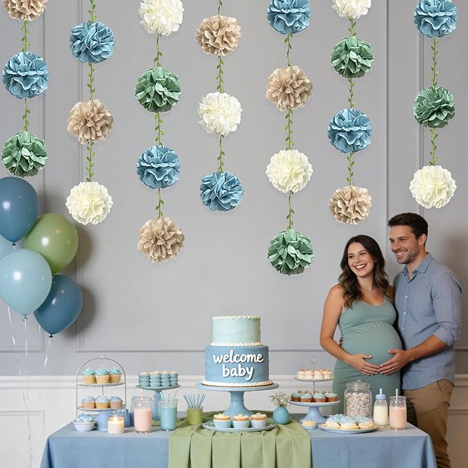 Sage Green Dusty Blue Khaki Beige Tissue Paper Flowers Pom Pom with Leaf Ribbon Hanging Garland Streamer for Birthday Baby Shower Wedding Engagement Silly Goose Themed Party Decorations Supplies