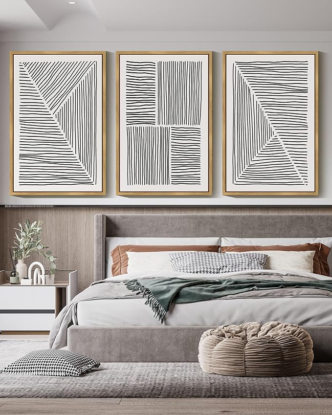 Drsoum Mid-Century Modern Framed Wall Art Large 24x36in Minimalist Abstract Boho Black Line Wall Decor Geometric Artwork Kitchen Dining Room Black Framed
