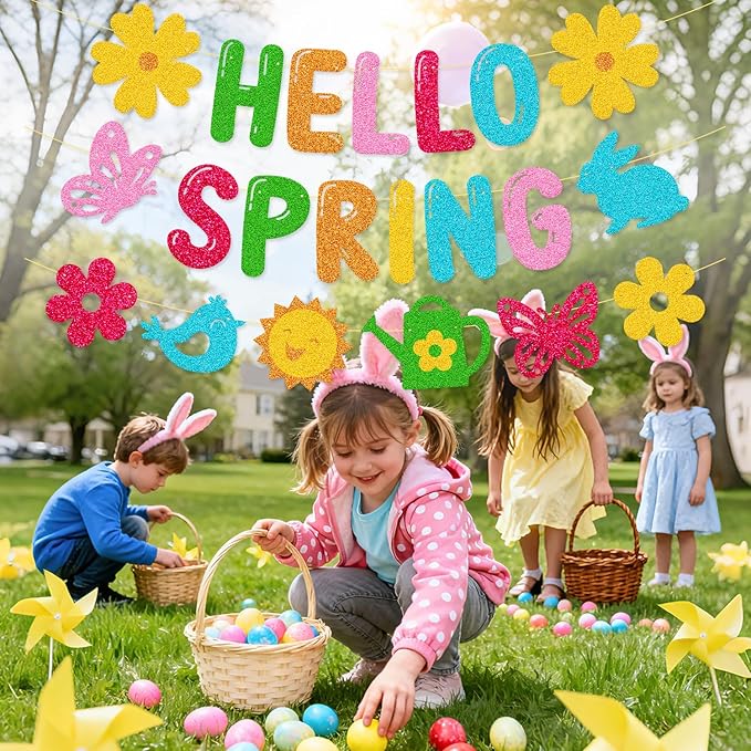 Hello Spring Banner, Glitter Spring Decoration for Home, Classroom, Easter Party & Porch - Floral Welcome Sign for Indoor Outdoor Door Wall Decor, Easter Seasonal Themed Photo Backdrop