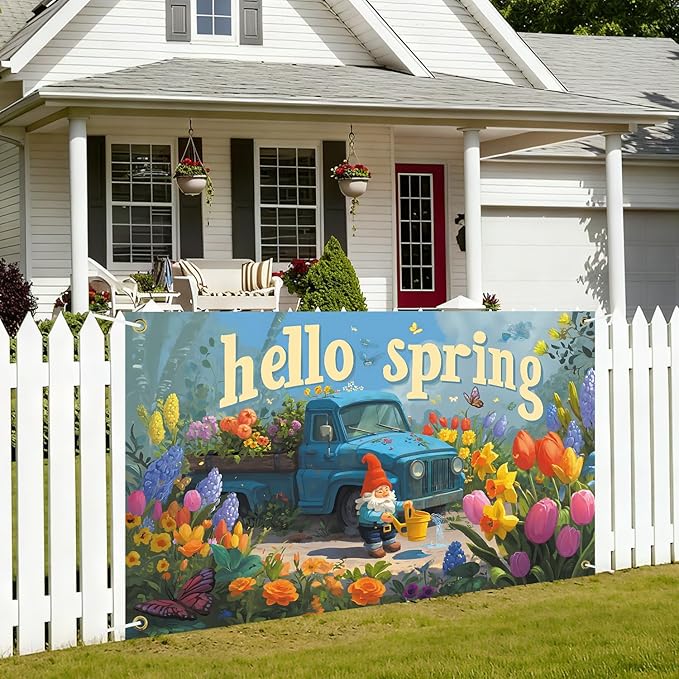 Hello Spring Backdrop 71'' x 43'' Hello Spring Banner Gnome Daisy Butterfly Backdrop Decorations for Photography Background Photo Prop Booth