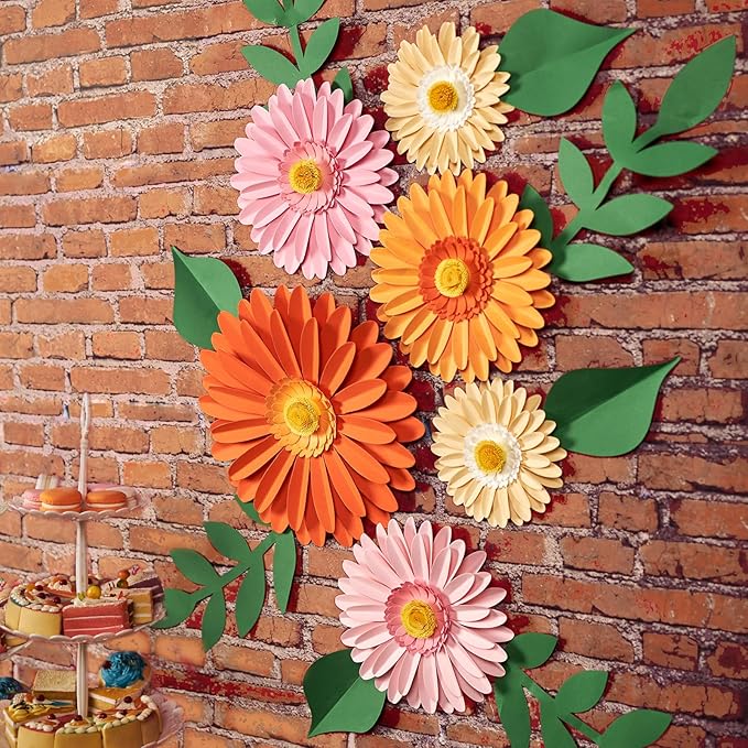SUNBEAUTY Daisy Party Decorations, Paper Flowers, Party Decorations, Orange Yellow Flowers Wall Hanging, 1st Birthday Bridal Baby Shower Wedding Classroom Tea Party Daisy Décor 10" 8" 5" Pack of 6