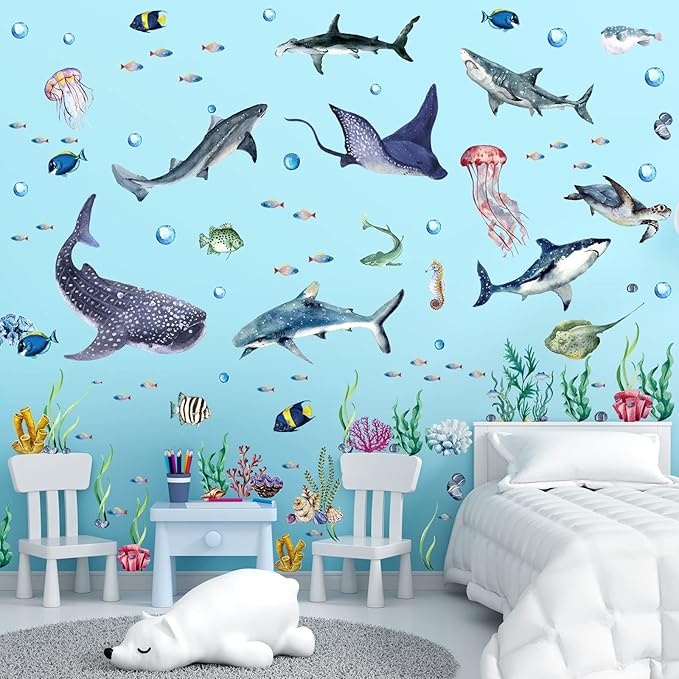 3 Pieces Large Watercolor Sharks Wall Decals Ocean Animal Peel and Stick Wall Sticker Under The Sea Marine Life Theme Decals Nursery Room Home Decor Party Supply, 11.2 x 34.6 Inches
