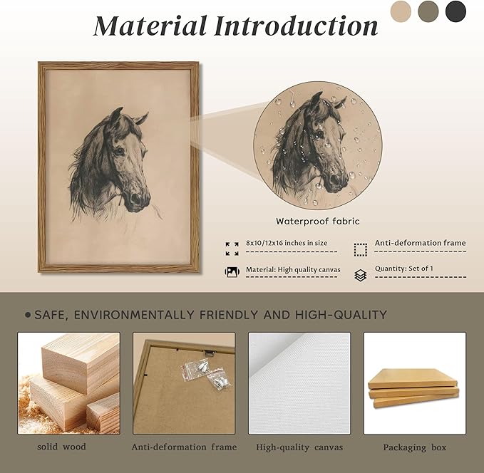 Framed Horse Wall Art, Vintage Horse Head Sketch Canvas Print, Farmhouse Animal Wall Decor, Classic Country Pictures Artwork for Living Room Bedroom Home Decor – 12x16 inch