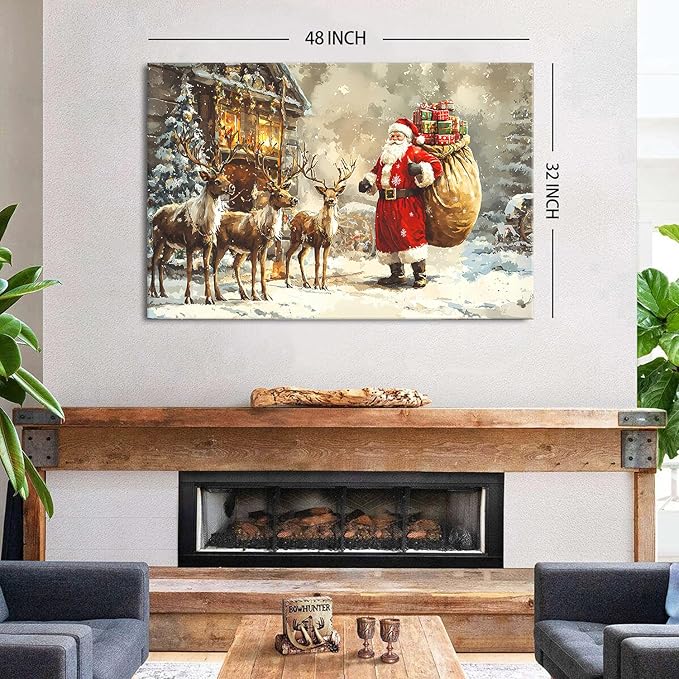 Santa and Reindeer Wall Art Christmas Wall Decor Farmhouse Deer Canvas Prints Pictures Vintage Winter Christmas Tree Landscape Painting Artwork for Kitchen Dining Room Home Decorations 32x48"