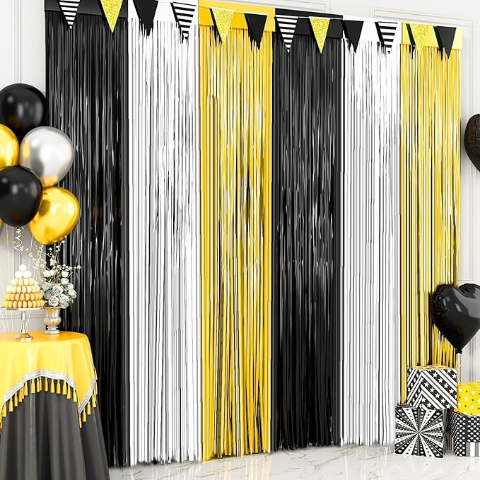 Black Foil Fringe Curtains Party Decorations – 3 Pack 3.2 x 8.2 ft Shiny Black Tinsel Curtain Backdrop for Birthday, Graduation & Photo Booth, Easy to Install