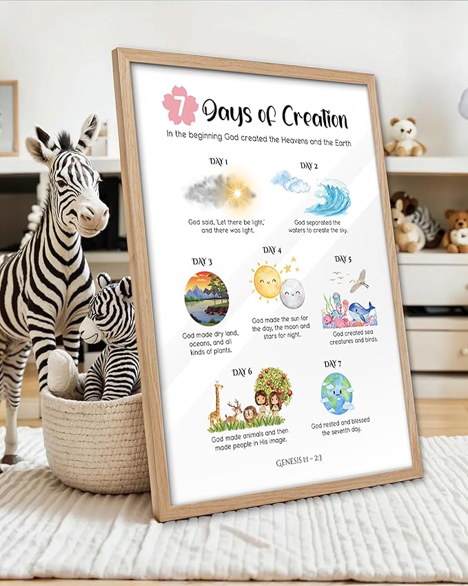 KensTro Christian Nursery Decor Framed Wall Art, 12x16 in 7 Days of Creation Canvas Wall Art Prints,God Art Sunday School Scripture Poster Bible Verse for Christian Boy and Girl Bedroom Set of 1