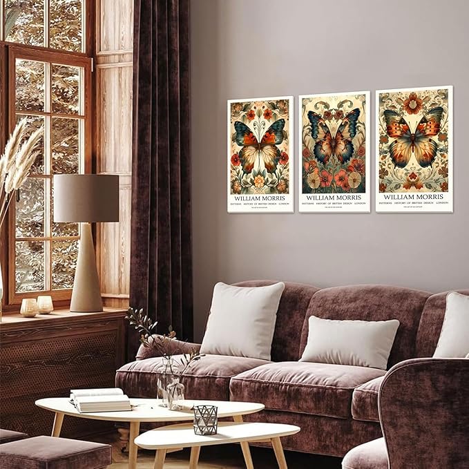 Djmwtb William Morris Canvas Wall Art Vintage Butterfly Poster Prints Framed Set of 3 Botanical Aesthetic Pictures Gallery Artwork Nouveau Painting Decor for Living Room Bedroom 12x16in