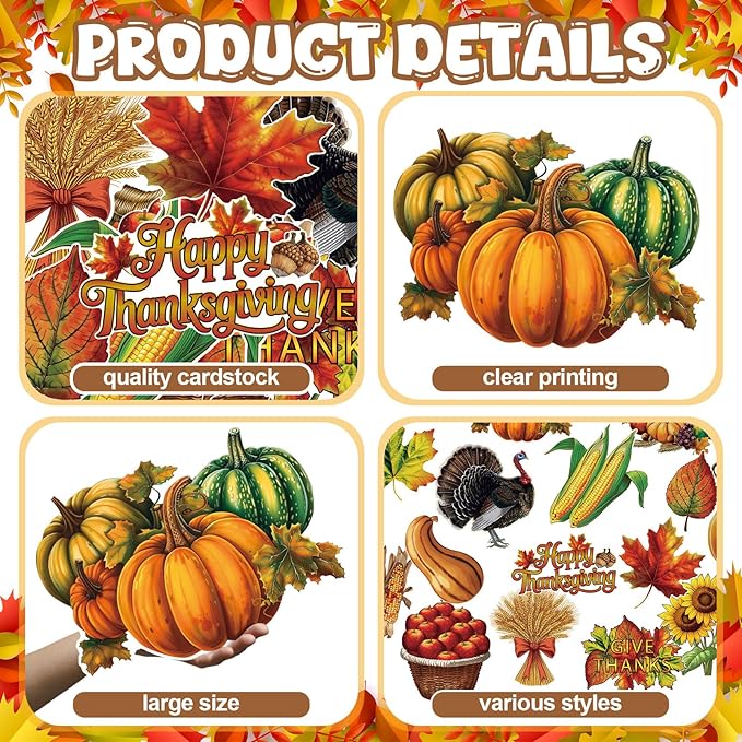 32 Pcs Vintage Thanksgiving Cutouts Fall Harvest Cutouts Cornucopia Decorative Sets Retro Give Thanks Accents Pumpkins Leaves Turkey Decor for Office Bulletin Board Thanksgiving Day Party Wall