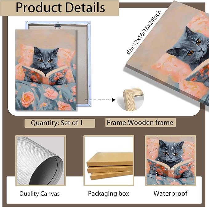 Framed Cat Reading Book Canvas Wall Art, Cute Gray Kitten Painting Print, Funny Animal Lovers Picture Wall Decor for Bedroom Living Room Kids Room Girls Room Home Decor 16x24 Inch