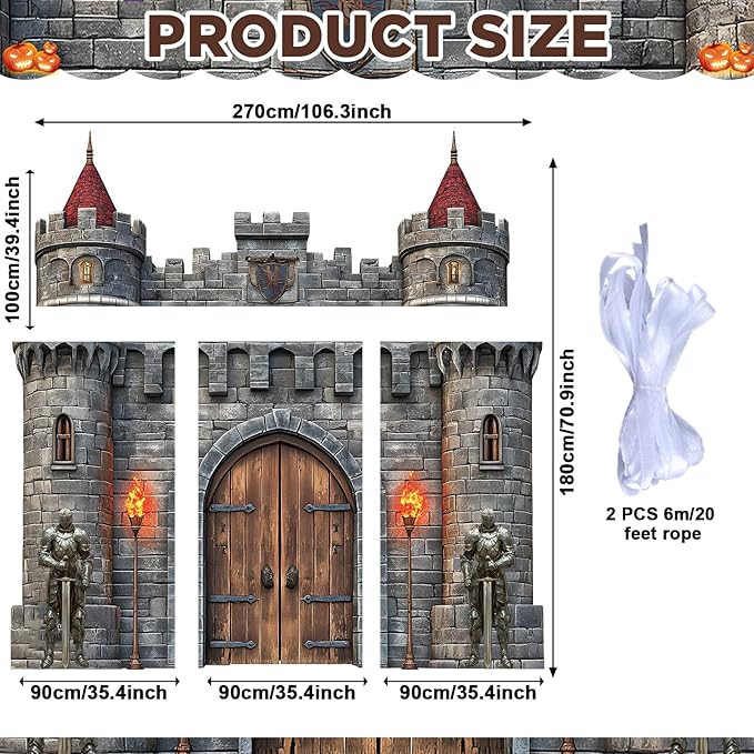 4 PCS Medieval Entryway Party Decorations Castle Door Covers Hanging Banner Porch Sign Medieval Castle Photo Props Background Torch Knight Porch Banner for Birthday Halloween Party Door Decor Supplies