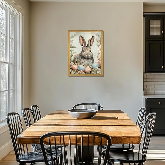 Easter Bunny Wall Art, Vintage Rabbit Canvas Wall Decor, Easter Eggs Poster Print Picture, Spring Farmhouse Animal Painting for Living Room Bedroom Kitchen Holiday Home Decor 16x24 Inch Wood Framed