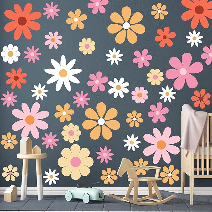 TaoBary 12 Sheet Daisy Wall Sticker Decal Removable Cute Daisy Bedroom Room Decor Flower Wall Sticker Pink White Flower Decal Wallpaper Peel and Stick for Nursery Home(Bright Color,Bright Style)