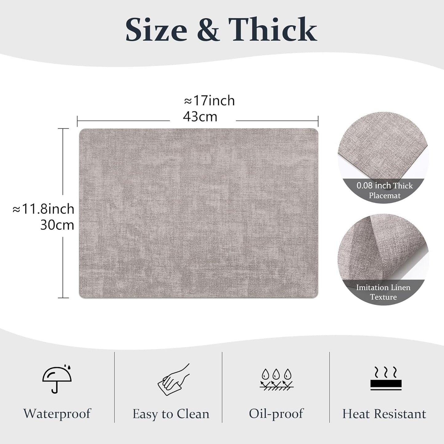 FROMHEART Faux Leather Placemats Set of 6–Waterproof,Heat/Oil Stain-Resistant PU Table Mat–Reversible,Non-Slip,Easy to Clean Place Mats for Kitchen,Dining,Indoor/Outdoor,(Light Grey,11.8" x 17")