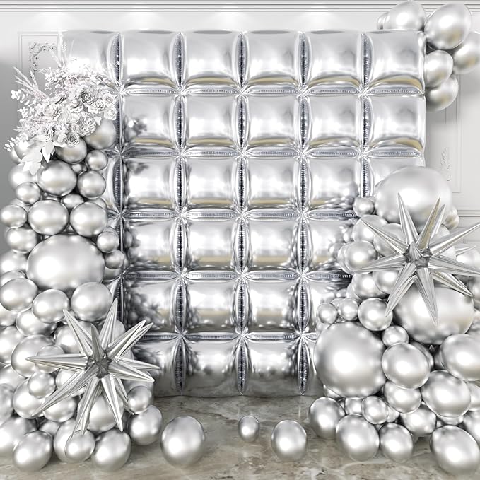 36pcs Metallic Silver Square Foil Balloons Wall Backdrop with 79pcs Balloon Garland Arch Kit, Double Sided Balloon for Bachelorette Baby Shower Birthday Anniversary Graduation Party Decorations