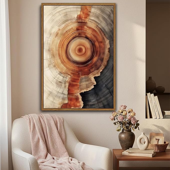 IBHJSART Framed Tree Ring Canvas Wall Art Vintage Colorful Wood Stump Painting Prints Modern Minimalist Pictures Nature Rustic Farmhouse Decor Living Room Bedroom Bathroom Office