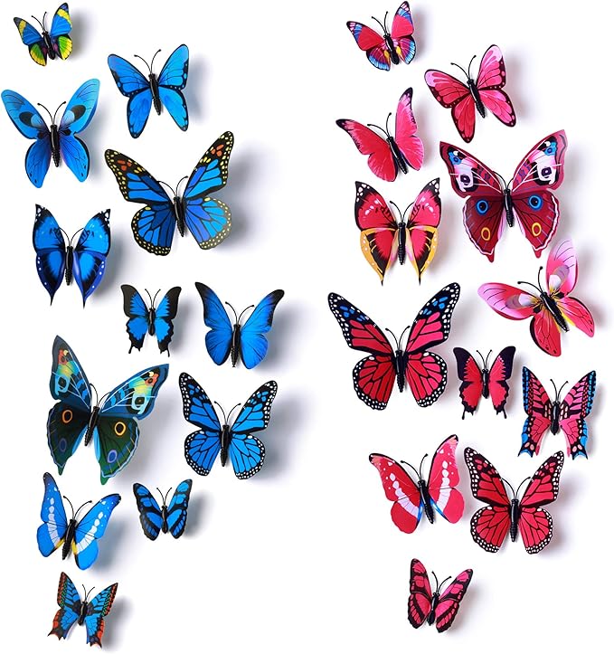 24pcs 3D Vivid Special Man-Made Lively Butterfly Wall Stickers Removable Butterflies Wall Decals 3D Nursery Art Decor for Kids Girls Bedroom Living Room Classroom Party Decoration Pink & Blue