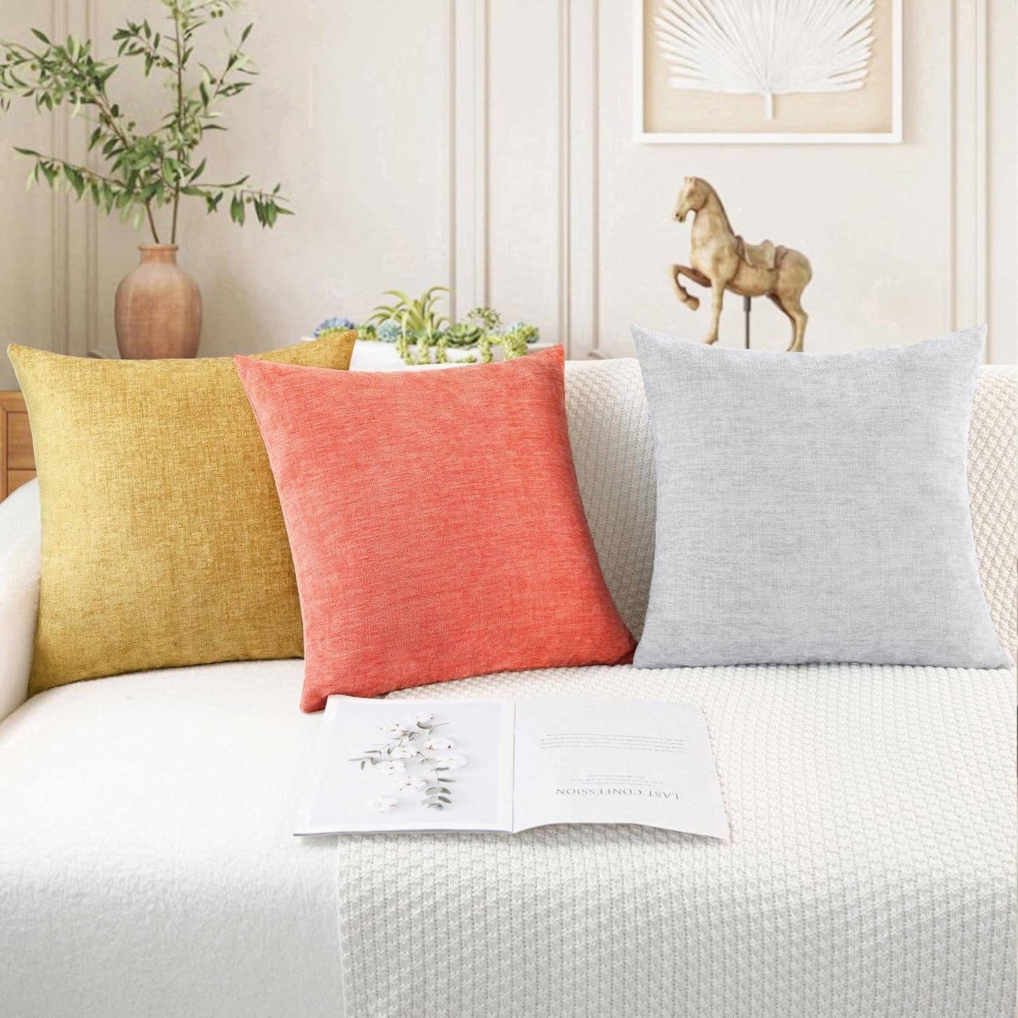 CaliTime Throw Pillow Covers Decorative 16 X 16 Inches Pack of 2 Cozy Chenille Cushion Cases for Couch Sofa Bed Living Room Home Living Coral