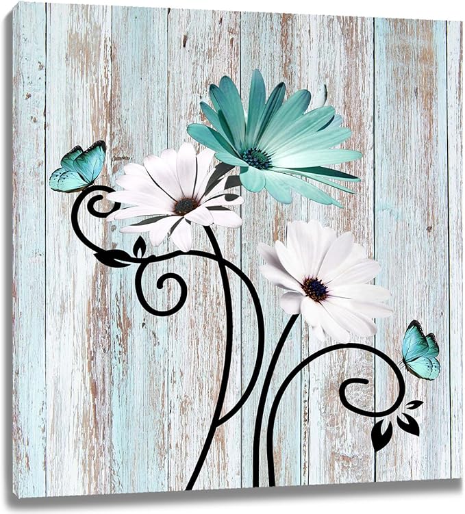 HVEST Floral Butterfly Wall Art for Living Room Teal Turquoise Bathroom Wall Decor, Rustic Farmhouse Daisy Framed Wall Art for Bedroom Kitchen Home Office, 12L x 12W Inches