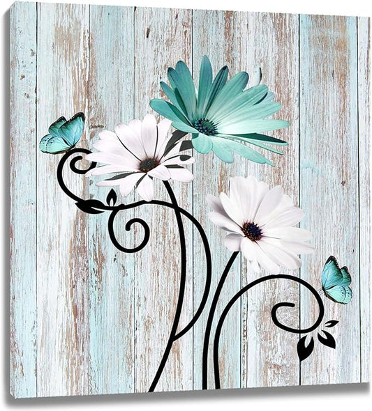 HVEST Floral Butterfly Wall Art for Living Room Teal Turquoise Bathroom Wall Decor, Rustic Farmhouse Daisy Framed Wall Art for Bedroom Kitchen Home Office, 12L x 12W Inches
