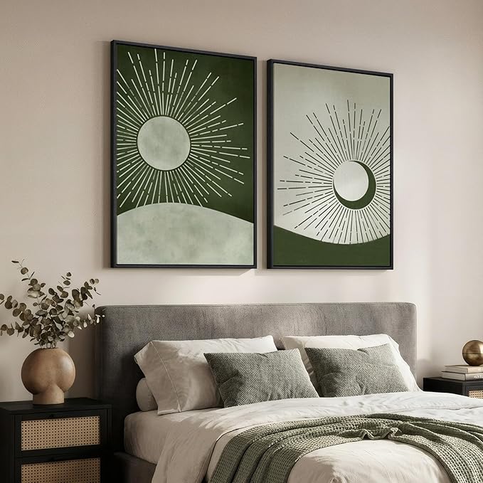 Framed Green Boho Abstract Wall Art Set of 2 for Living Room, Sun and Moon Mid Century Modern Canvas Artwork for Walls, Minimalist Sunburst Bohemian Print Wall Decor for Bedroom Home Office, 24x36 In