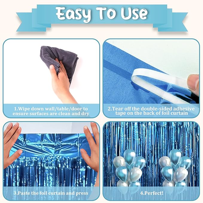 3.3 x 6.6 ft Foil Fringe Backdrop Curtains, Tinsel Streamers Party Decorations, Fringe Backdrop for Birthday, Baby Shower, Gender Reveal, Graduation (3, Retro Blue)