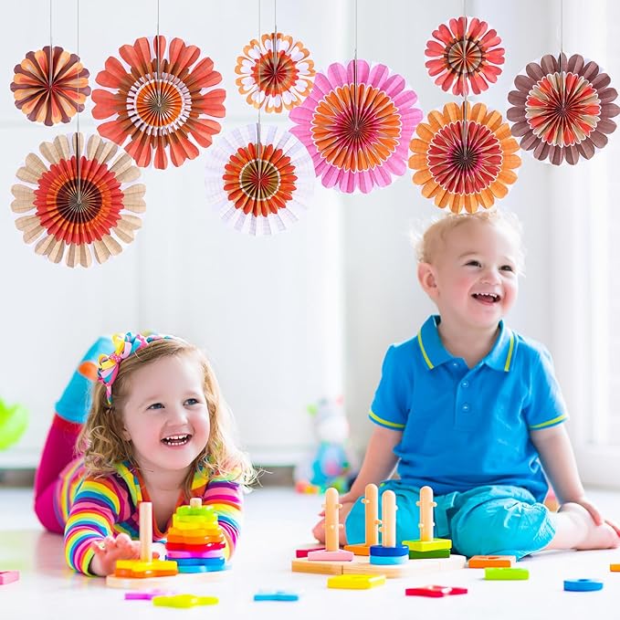Outus Flower Hanging Decorations Fall Paper Fans Classroom Ceiling Wall Decor Colorful Bloom Paper Fan for Wedding Birthday Birthday Party Supplies(9 Pcs,Spring Daisy)