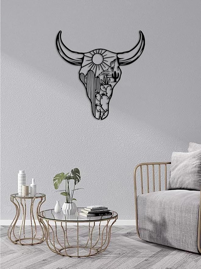 RESACO Cow Skull Metal Wall Art Western Wall Decor Western Bathroom Decorations Southwestern Decor Desert Wall Sculptures for Living Room Bedroom Indoor Outdoor (Black 13in x13in)