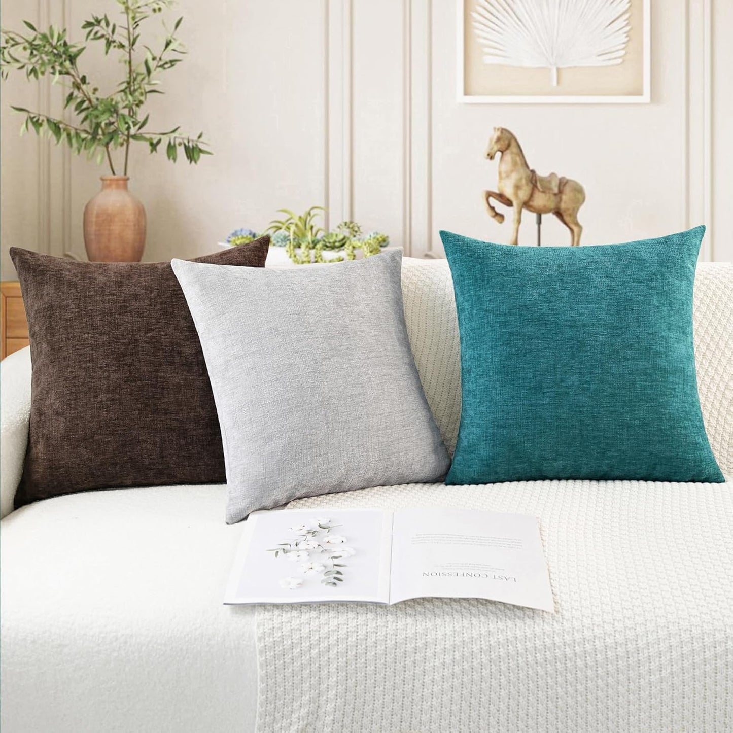 CaliTime Throw Pillow Covers Decorative 12 X 12 Inches Pack of 2 Cozy Chenille Cushion Cases for Couch Sofa Bed Living Room Home Teal