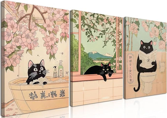 Japanese Bathroom Wall Art Set of 3, Cute Black Cat Bathtub Wall Decor, Funny Animal Reading Newspaper Canvas Prints for Bathroom Bedroom Laundry Room 12x16 inch Framed