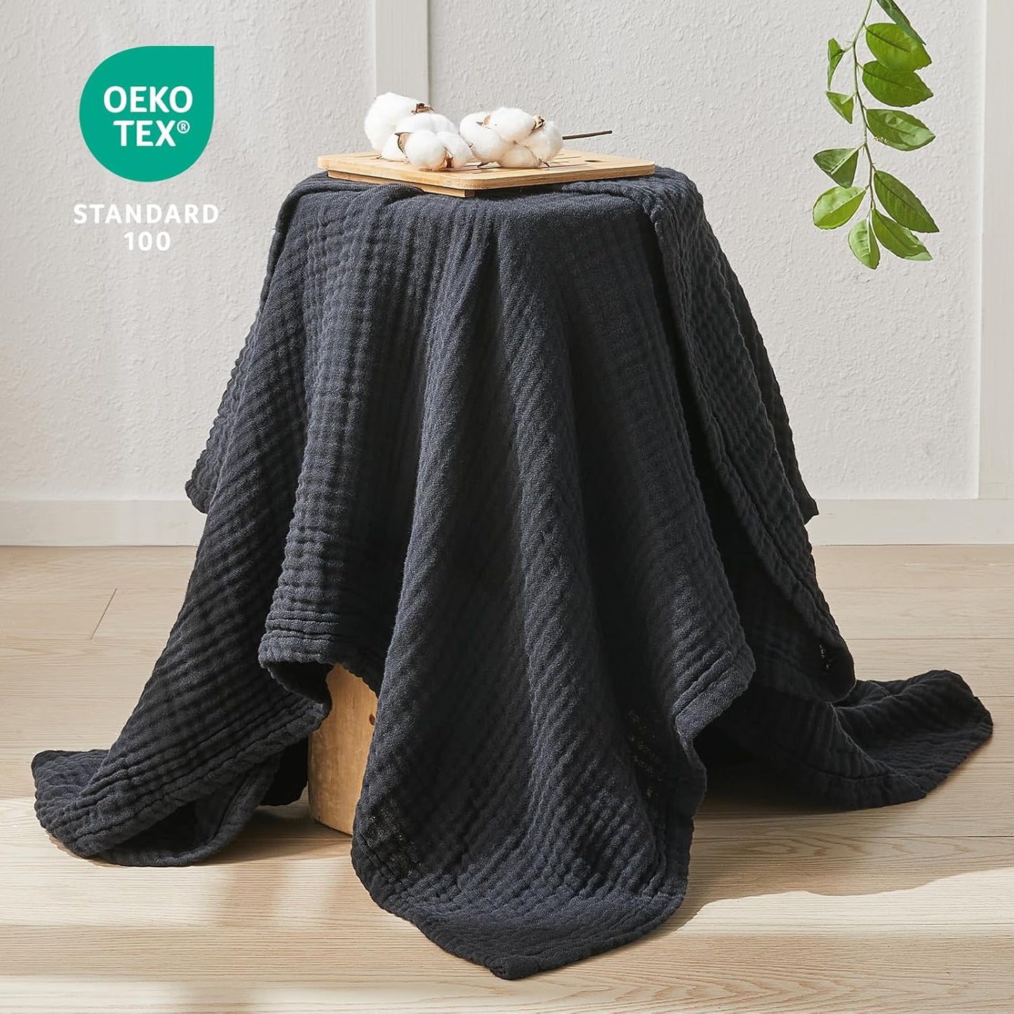 EMME Cotton Muslin King Blanket Bed Layering Breathable Gauze Blanket Soft Lightweight Blankets Adults (Black, 108"x90")