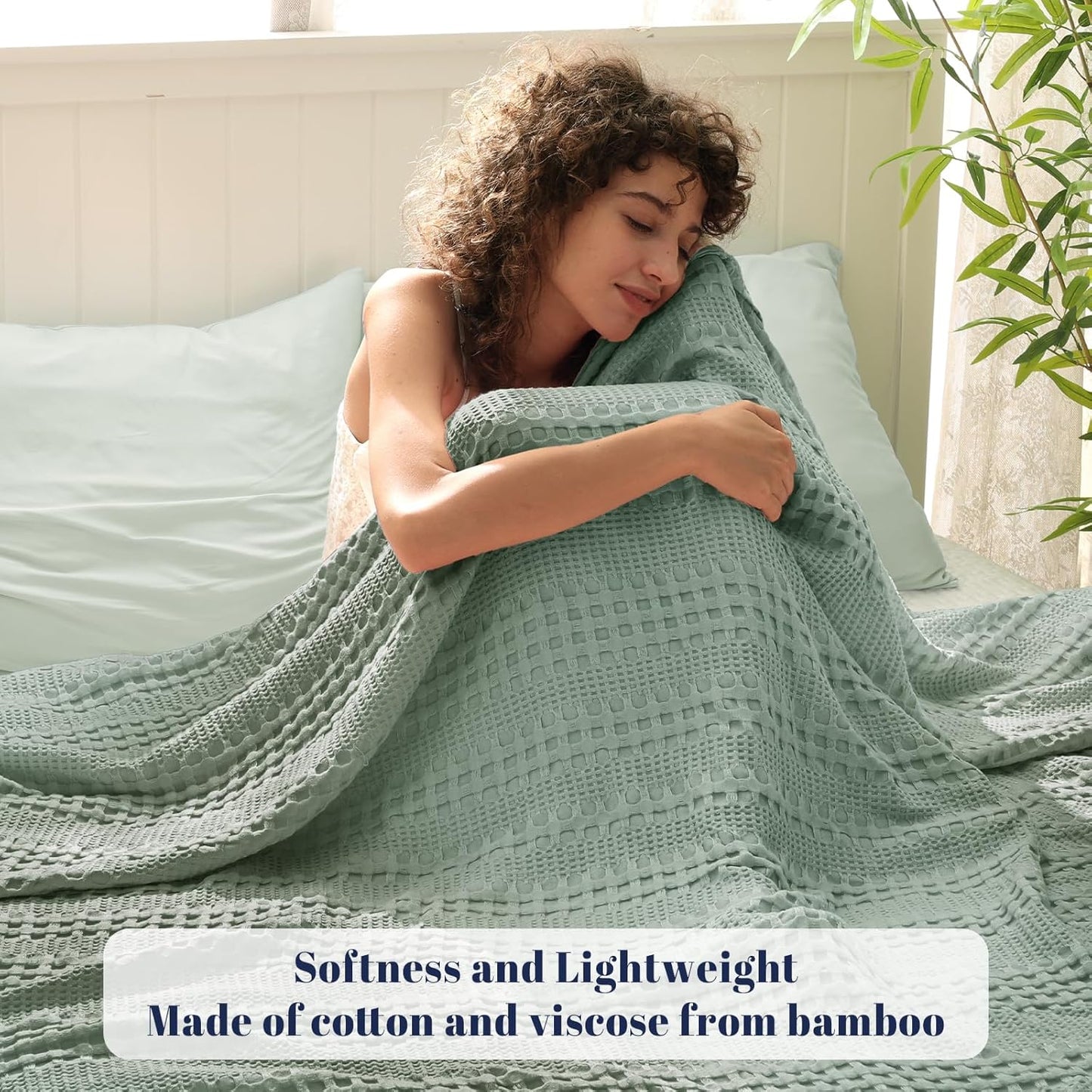 PHF Cooling Waffle Blanket King Size, Lightweight 60% Rayon Derived from Bamboo & 40% Cotton Breathable Blanket for Hot Sleepers, Soft and Luxury for Bed Couch and Sofa, 104"x90", Sage Green