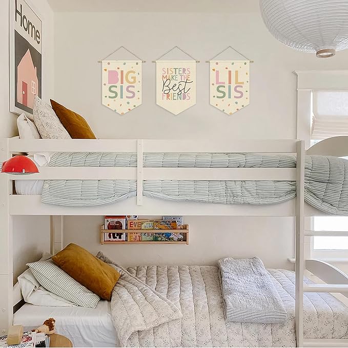Big Sister Canvas Banner Pink Girl Nursery Decor,Sisters Bedroom Playroom Wall Art Decorations,Boho Twin Room Sign,Big Sis Lil Sis,Two Baby Kids Room Sibling Wall Hanging Pennant Flag Banner