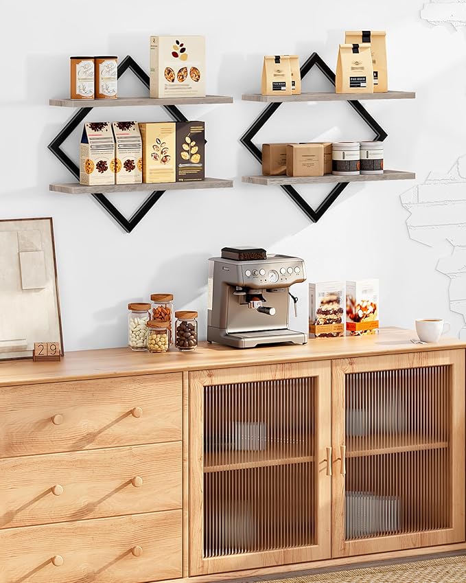 Floating Shelves for Wall, Set of 2 Wall Mounted Shelves, 2-Tier Hanging Shelves, for Living Room, Bedroom, Kitchen, Office, Study, Greige TBJ01P2BG